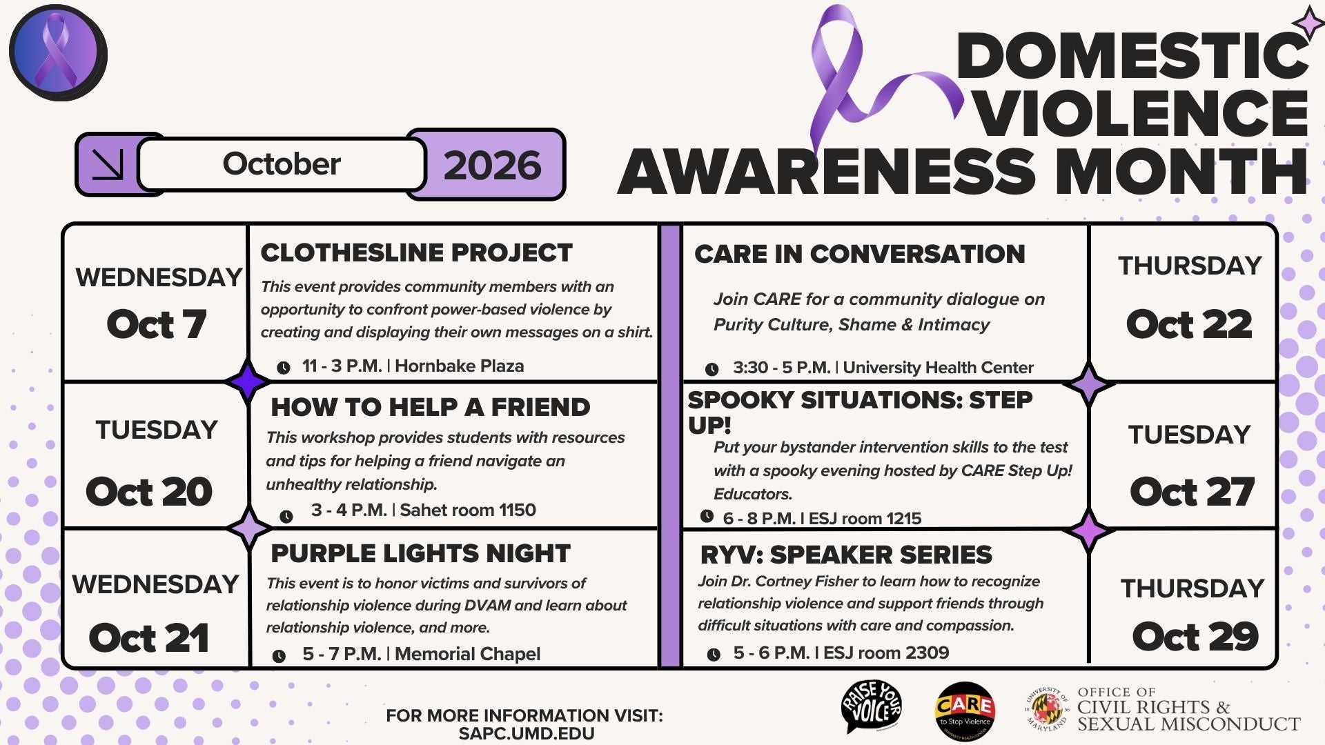 DVAM 2026 calendar graphic featuring Domestic Violence Awareness Month events and activities throughout October 2026. The calendar highlights dates and event information for awareness, education, and community engagement related to domestic violence prevention and support.