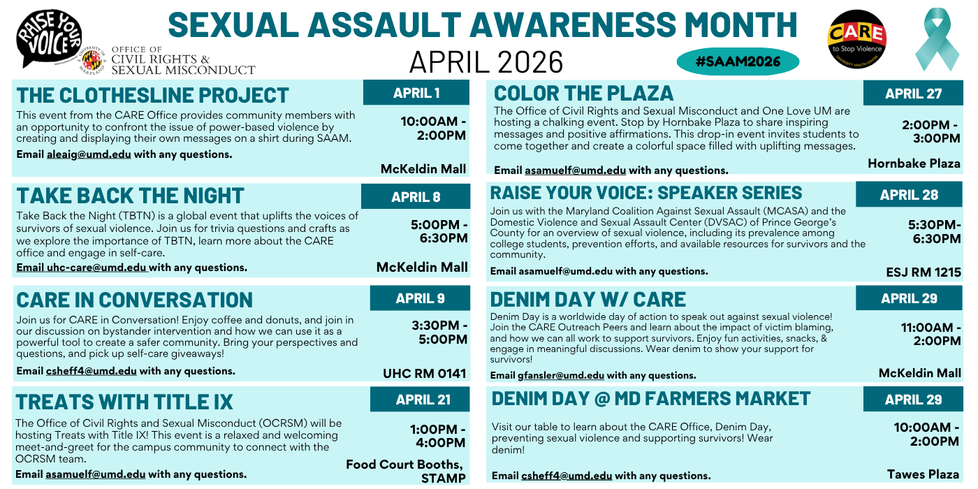 In teal text on a white background, the title "Sexual Assault Awareness Month April 2026" is displayed. Underneath this title and on a light blue background are the various SAAM events along with their details. At the top, logos for the host organizations for these events are displayed. Next to the title, a teal awareness ribbon and the hashtag #SAAM2026 are provided for more details.