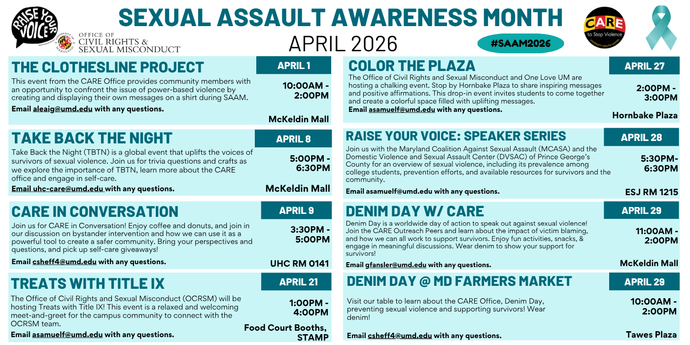 In teal text on a white background, the title "Sexual Assault Awareness Month April 2026" is displayed. Underneath this title and on a light blue background are the various SAAM events along with their details. At the top, logos for the host organizations for these events are displayed. Next to the title, a teal awareness ribbon and the hashtag #SAAM2026 are provided.