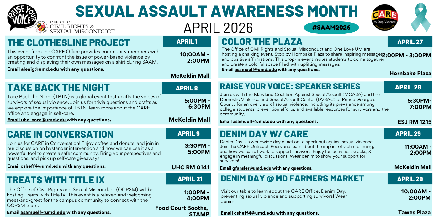 In teal text on a white background, the title "Sexual Assault Awareness Month April 2026" is displayed. Underneath this title and on a light blue background are the various SAAM events along with their details. At the top, logos for the host organizations for these events are displayed. Next to the title, a teal awareness ribbon and the hashtag #SAAM2026 are provided.